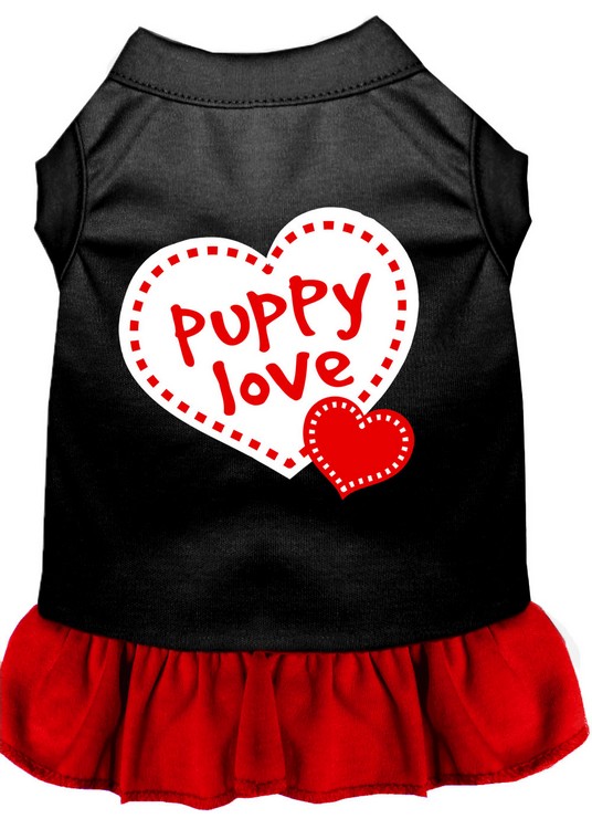 Puppy Love Screen Print Dog Dress Black with Red Sm